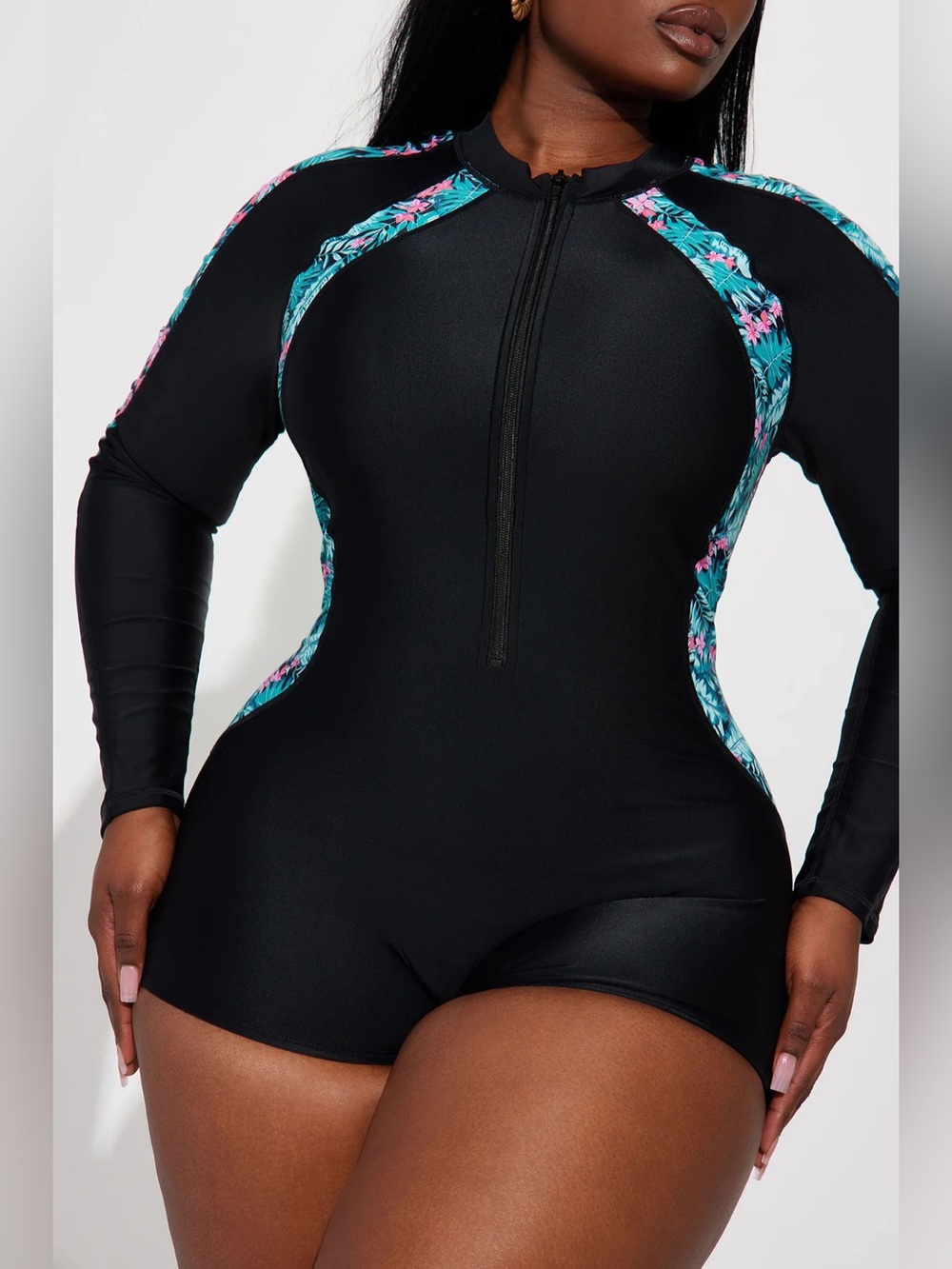 FN Josephine Black Long Sleeved One Piece Swimsuit with Floral Trim Size Small